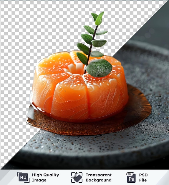 PSD fondo transparente psd wagashi sushi servido en un plato de madera con una hoja verde y un tallo acompañado de una cuchara de plata