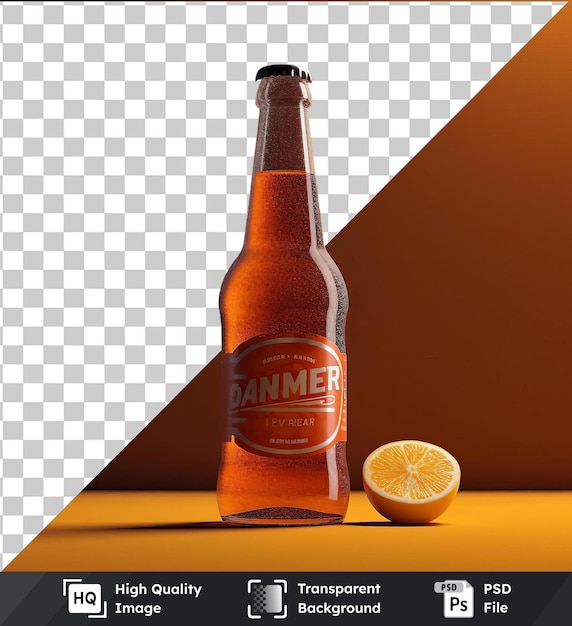 Fondo transparente psd zingy botella de cerveza de jengibre y naranja en una mesa de madera con etiqueta blanca y narenja