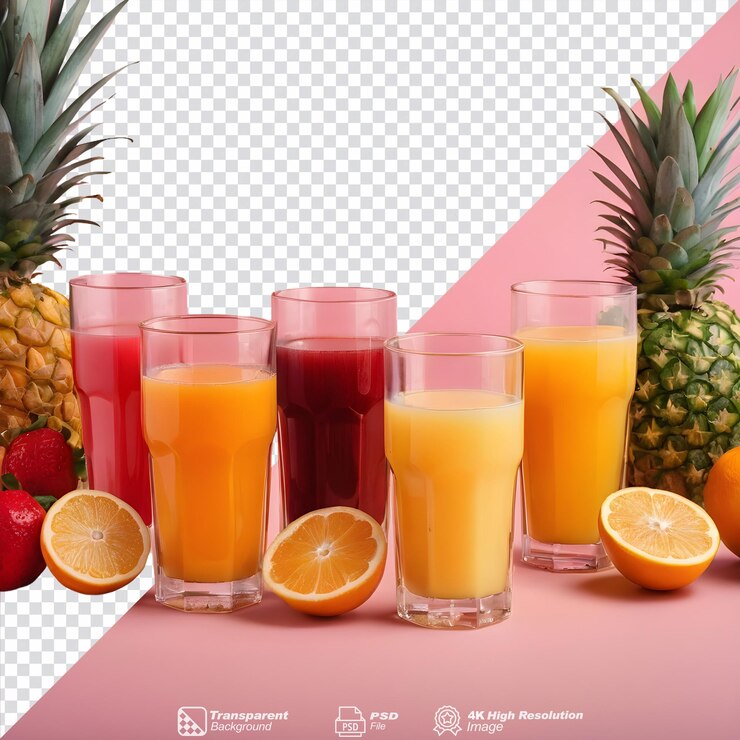 PSD fondo transparente que muestra jugos de frutas frescos aislados