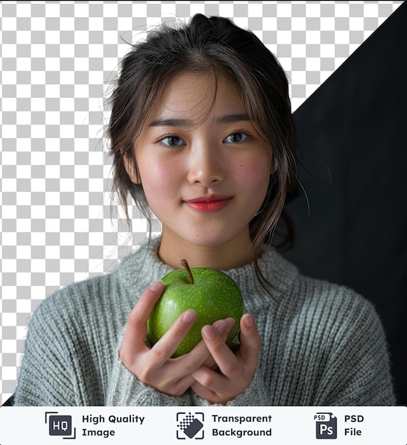 PSD fondo transparente con retrato aislado de una feliz joven asiática china coreana japonesa sosteniendo o comiendo manzana verde x000d