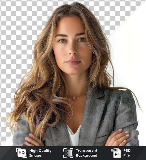 PSD fondo transparente con retrato aislado de mujer de negocios hermosa y segura con largo cabello rubio collar de plata y llamativos ojos azules y marrones sosteniendo una mano a su cara