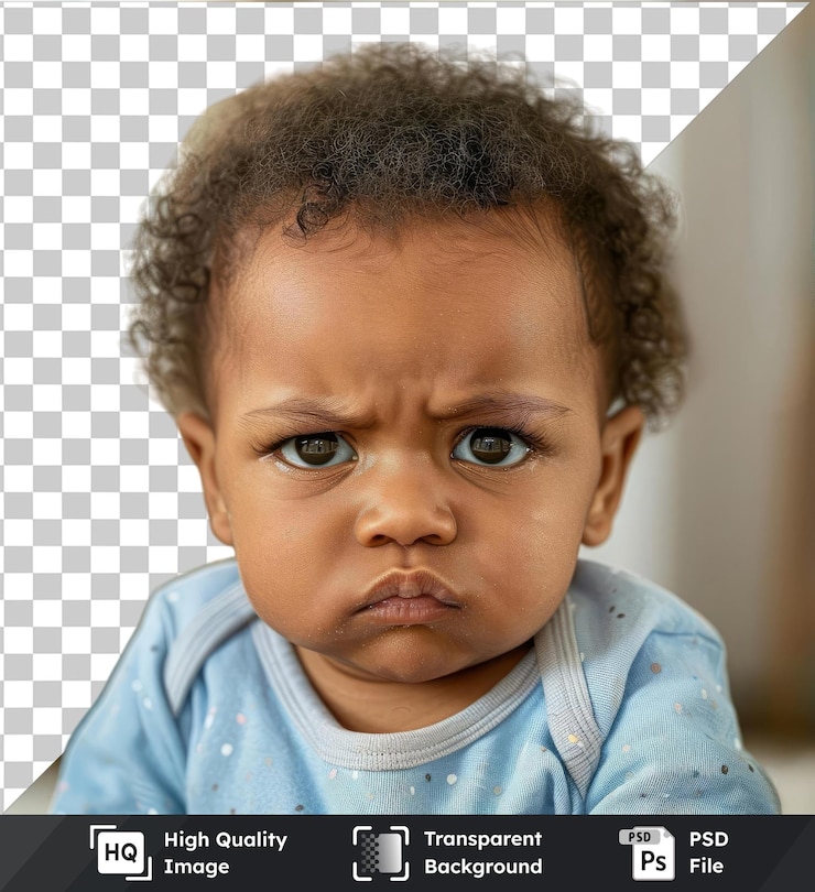 PSD fondo transparente retrato psd de bebé joven con expresión seria con orejas pequeñas ojos marrones y azules una nariz pequeña y cabello marrón