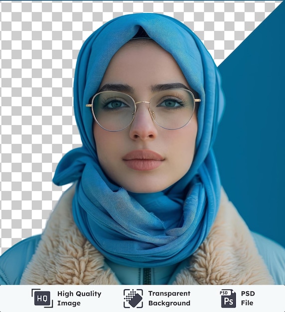 Fondo transparente retrato en psd de una joven musulmana con gafas de hijab y chaqueta azul con piel artificial expresión cansada e infeliz para vacaciones e invierno concepto