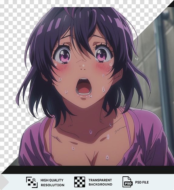 PSD fondo transparente rikka takanashi de amor chunibyo otros delirios con un llamativo ojo azul y boca abierta con una camisa negra y azul y un collar de plata