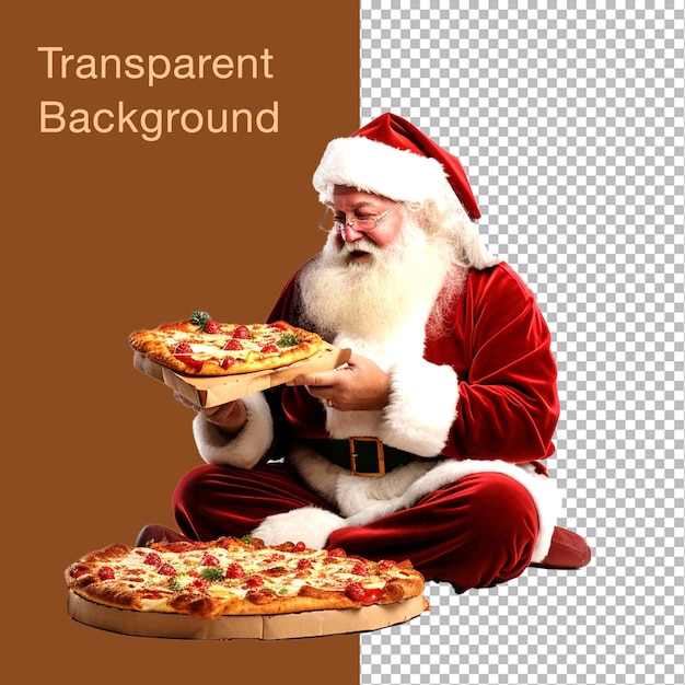 Fondo transparente Santa Claus está comiendo pizza mientras está sentado en el suelo