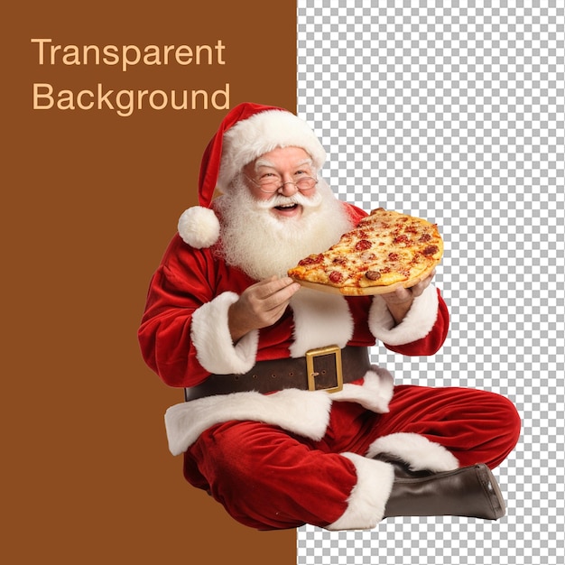 Fondo transparente Santa Claus está comiendo pizza mientras está sentado en el suelo