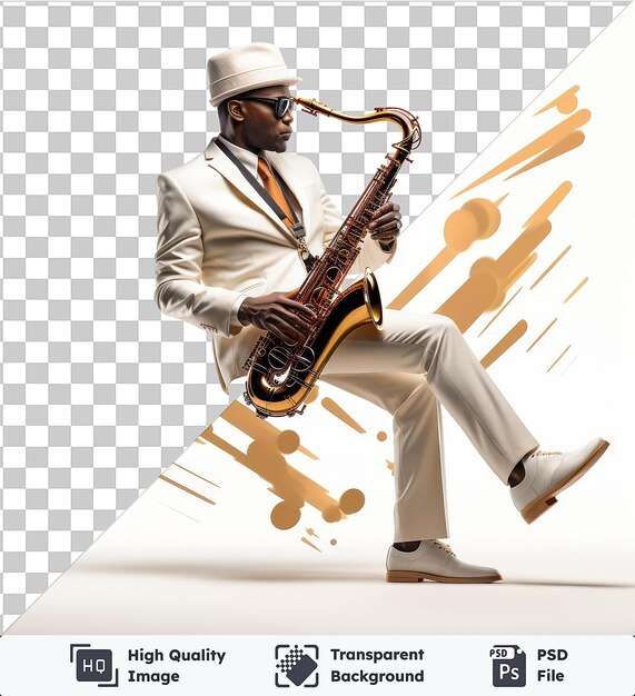 PSD fondo transparente con saxofonista 3d aislado tocando jazz