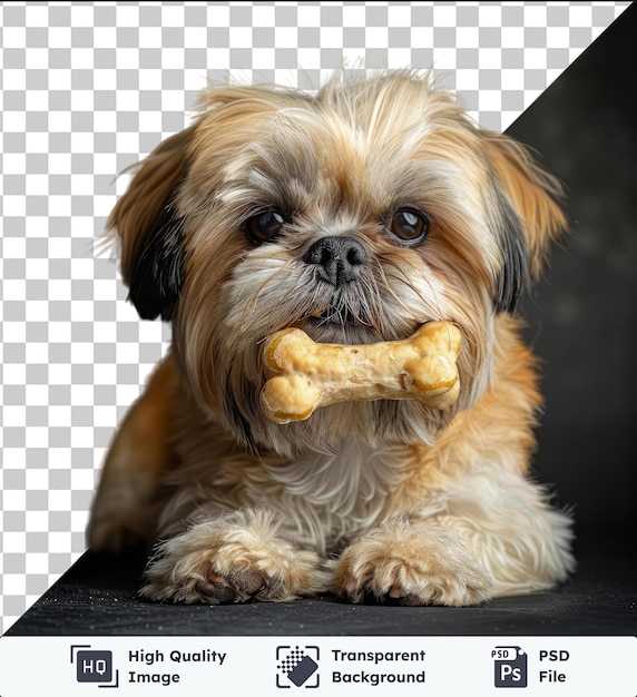 PSD fondo transparente con shih tzu aislado acostado y comiendo un hueso