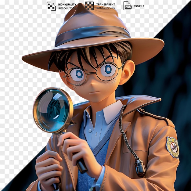 PSD fondo transparente shinichi kudo del detective conan la película con un sombrero marrón y camisa azul con cabello negro y un ojo azul y una mano visible en primer plano