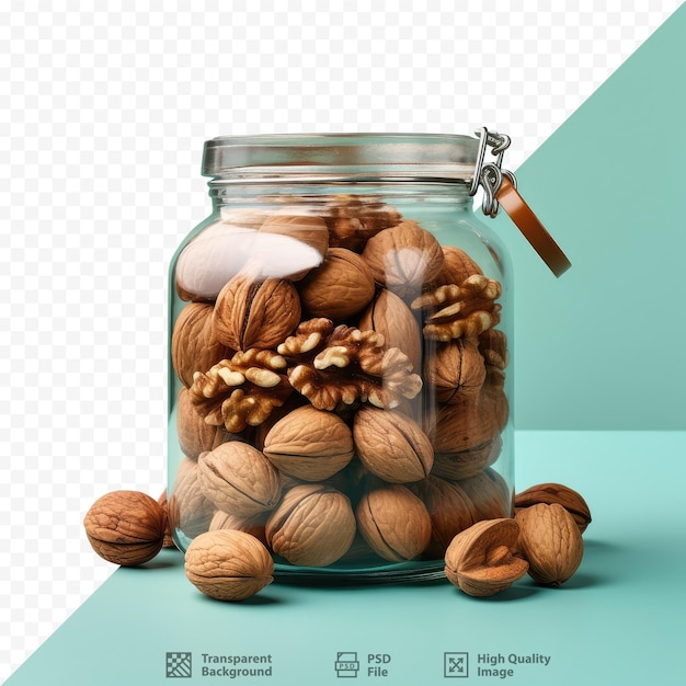 Fondo transparente sostiene un frasco de vidrio con nueces