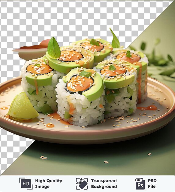 PSD fondo transparente con sushi de aguacate cremoso aislado en un plato