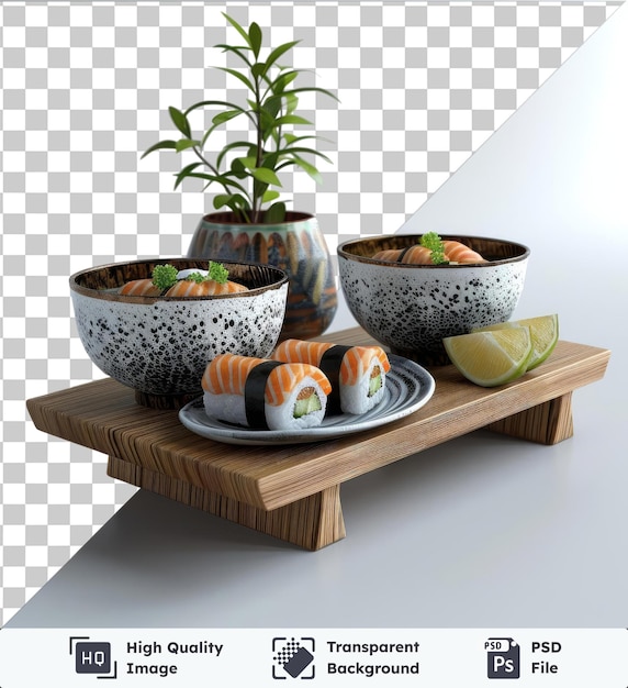 PSD fondo transparente con sushi kaiseki aislado en una mesa de madera