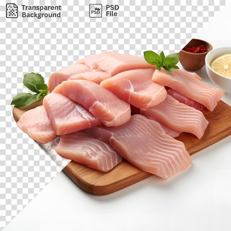 PSD fondo transparente de una tabla de cortar de madera con carne rosada acompañada de una pequeña taza marrón y una hoja verde colocada en un fondo aislado con un mango blanco visible en primer plano