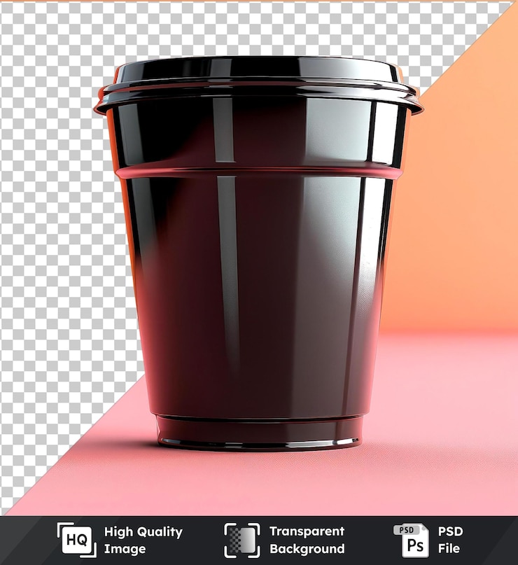 PSD fondo transparente con taza de plástico plegable y reutilizable aislada en una mesa rosada contra el naranja