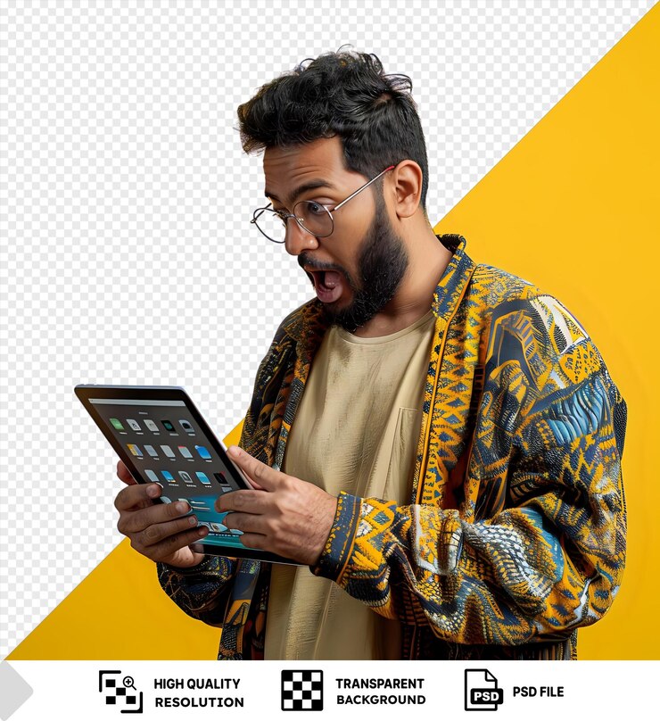 PSD fondo transparente toma de estudio de hombre sorprendido mirando la tableta con cabello negro barba negra y gafas de plata mientras su mano descansa en su oreja