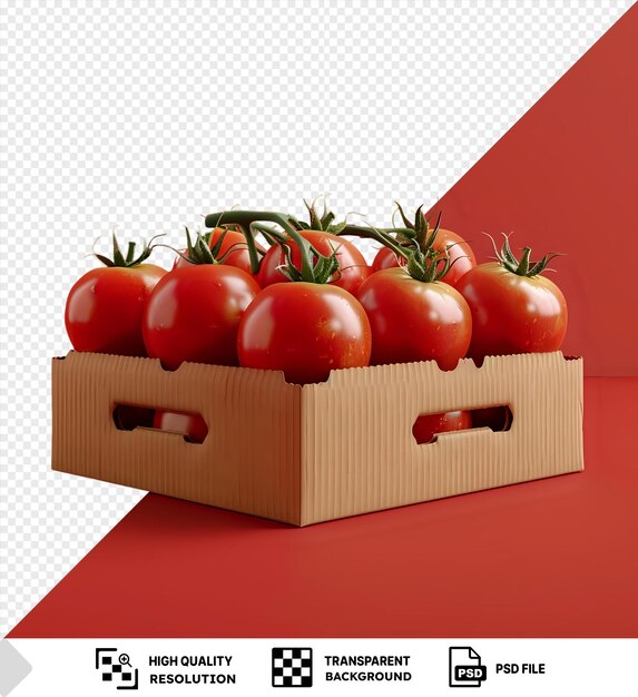 PSD fondo transparente tomates frescos en caja de cartón reciclable maqueta en fondo rojo