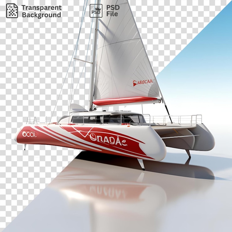PSD fondo transparente de un velero con un barco rojo y blanco y un barco blanco reflejado en el cielo azul claro con una vela blanca visible en primer plano