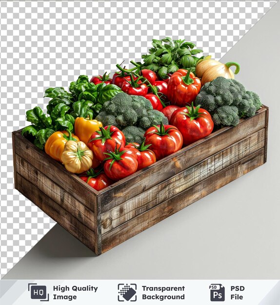 PSD fondo transparente de verduras en una caja de madera contra una pared blanca con sombras