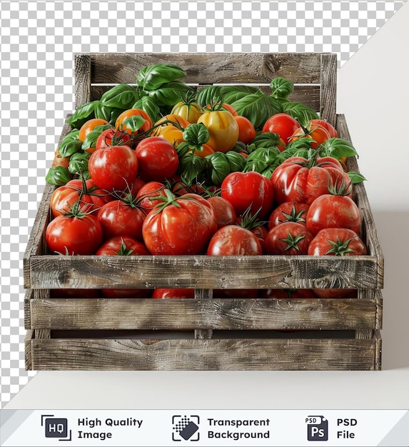 PSD fondo transparente con verduras frescas aisladas en una maqueta de caja de madera