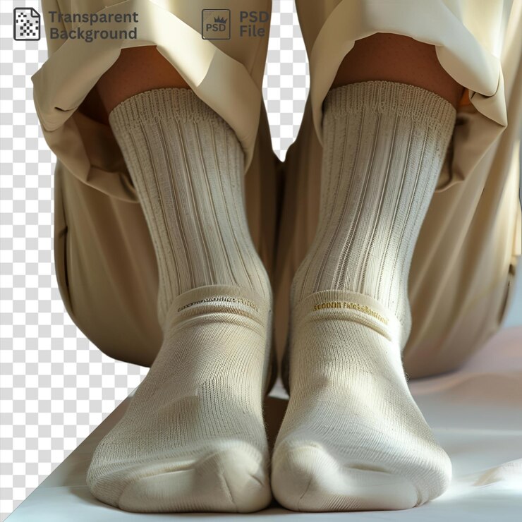 PSD fondo transparente vista delantera captura un par de calcetines etiqueta de tela de material de algodón beige