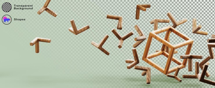 PSD fondo verde 3d abstracto con marco de bloque de cubo de madera y piezas rotas que caen volando caja cuadrada de wireframe de cuadrícula de línea con textura de madera estandarte tecnológico de diseño gráfico digital
