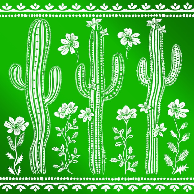 Un fondo verde con flores de cactus y un fondo verde