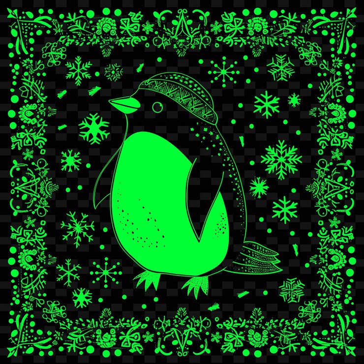 PSD un fondo verde y negro con un pingüino de nieve en el centro