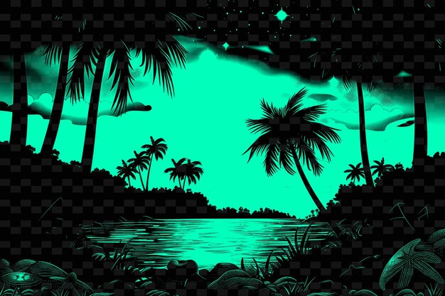 PSD un fondo verde con palmeras y una escena de playa