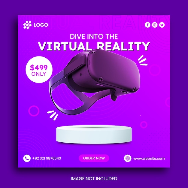 fone de ouvido de realidade virtual com fundo colorido instagram facebook e postagem de mídia social