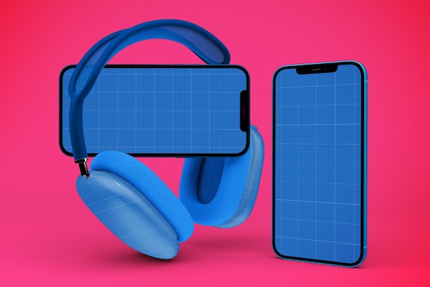 Fones de ouvido e maquete de smartphone