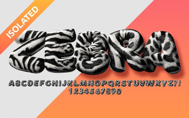 Font de alfabeto Zebra 3d com textura de pele isolada no fundo
