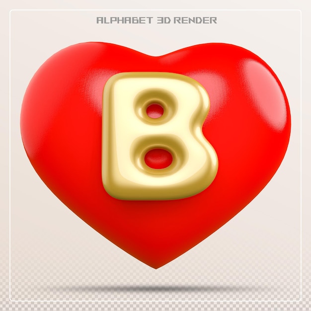 Font lettera dorata B Alfabeto con cuore rendering 3d