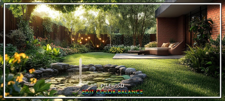 PSD la fontaine de l'oasis de l'arrière-cour le jardin du patio