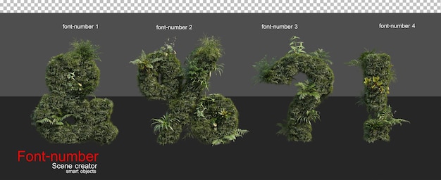 PSD fontes e números decorados com plantas tropicais