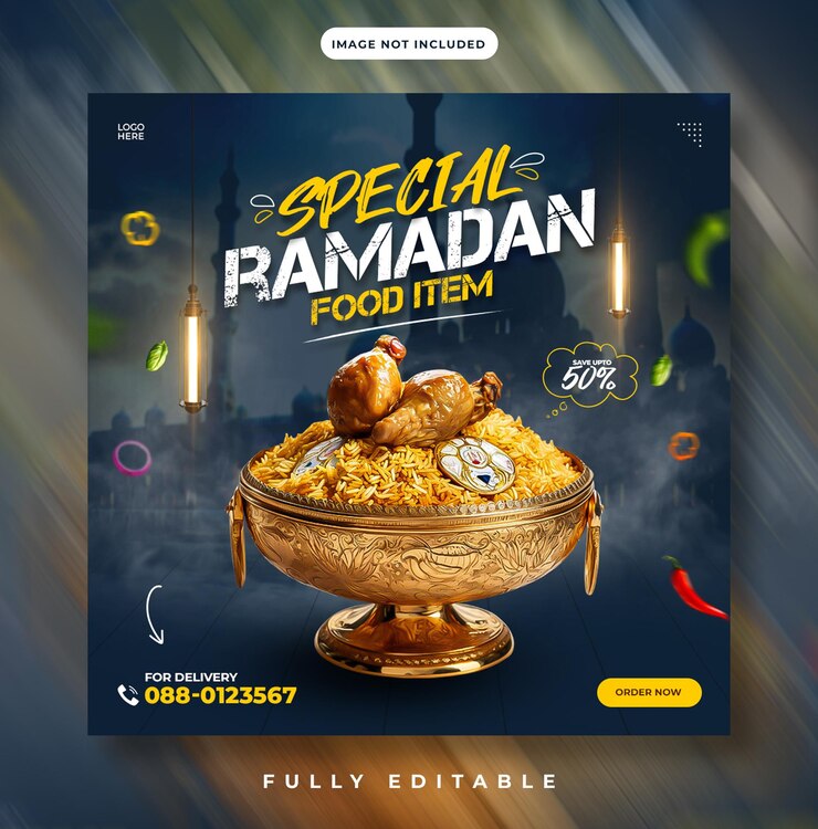 PSD food and restaurant social media post template with ramdan theme