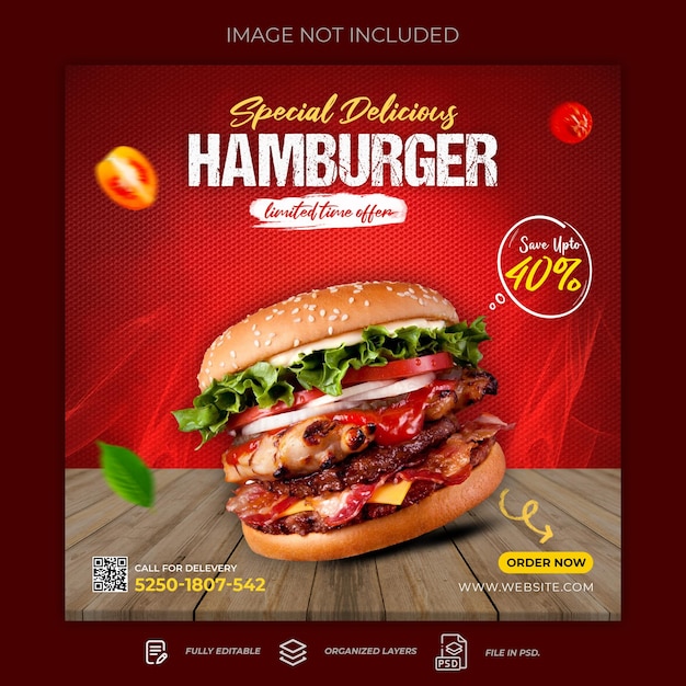 PSD food burger social media werbe- und instagram-banner-post-design-vorlage