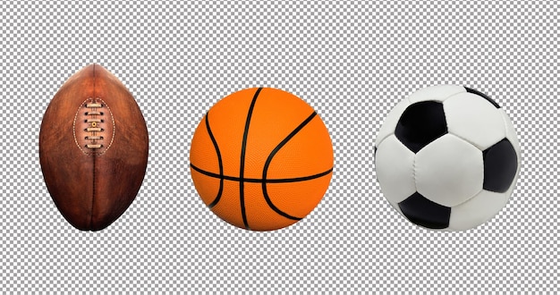 PSD football soccerball et basketball isolé sur fond blanc