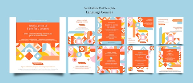 Foreign language classes instagram posts collection with geometric shapes