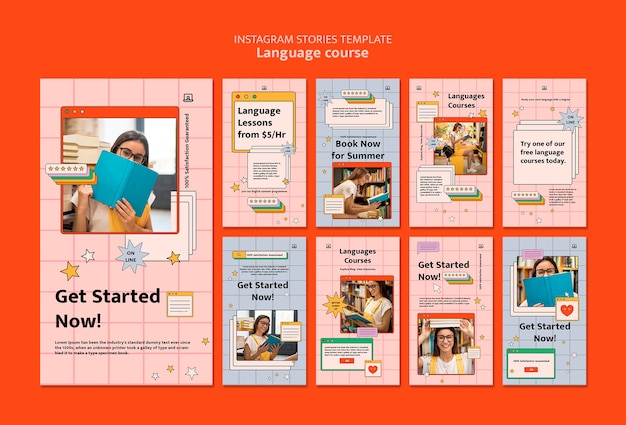 Foreign language classes instagram stories collection in computer interface style