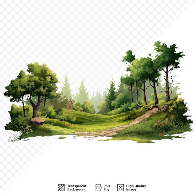 PSD une forêt avec des arbres et un chemin au milieu.