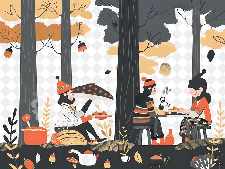 PSD forêt enchantée avec des personnages ayant un festin dans la forêt des gens style de vie illustration plate