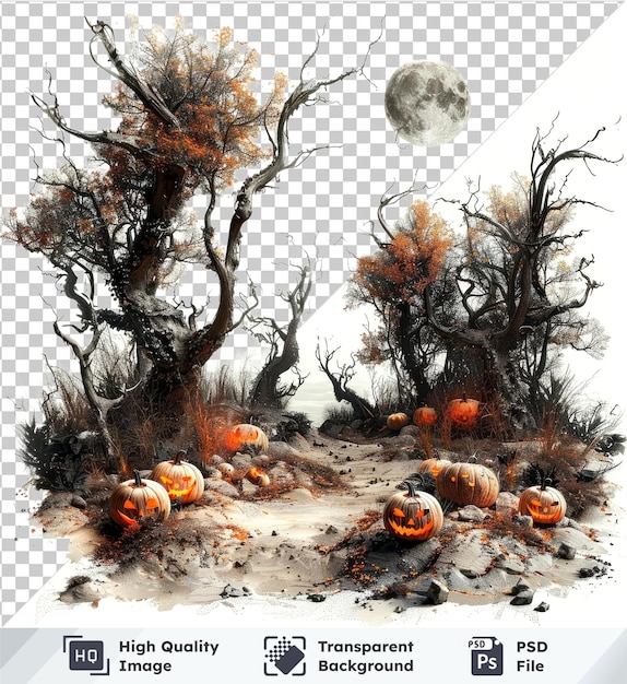 PSD forêt d'halloween avec des citrouilles et des arbres sous un ciel blanc