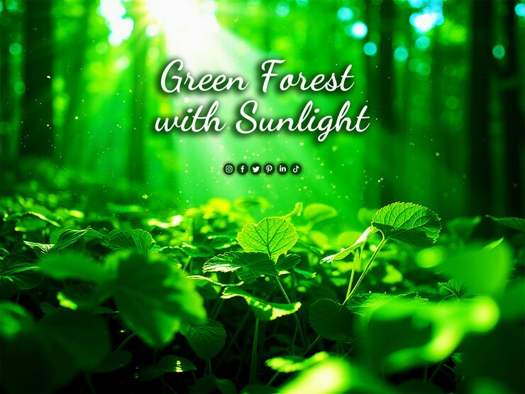 PSD forêt verte et feuilles éclairées par le soleil