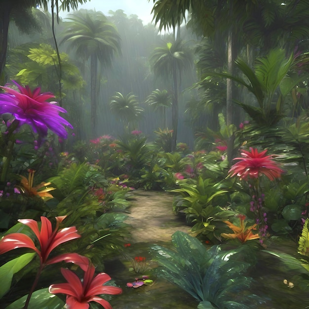 Forêts Tropicales Humides Avec Des Fleurs Colorées Le Matin Dans Un Style Impressionniste Aigenéré