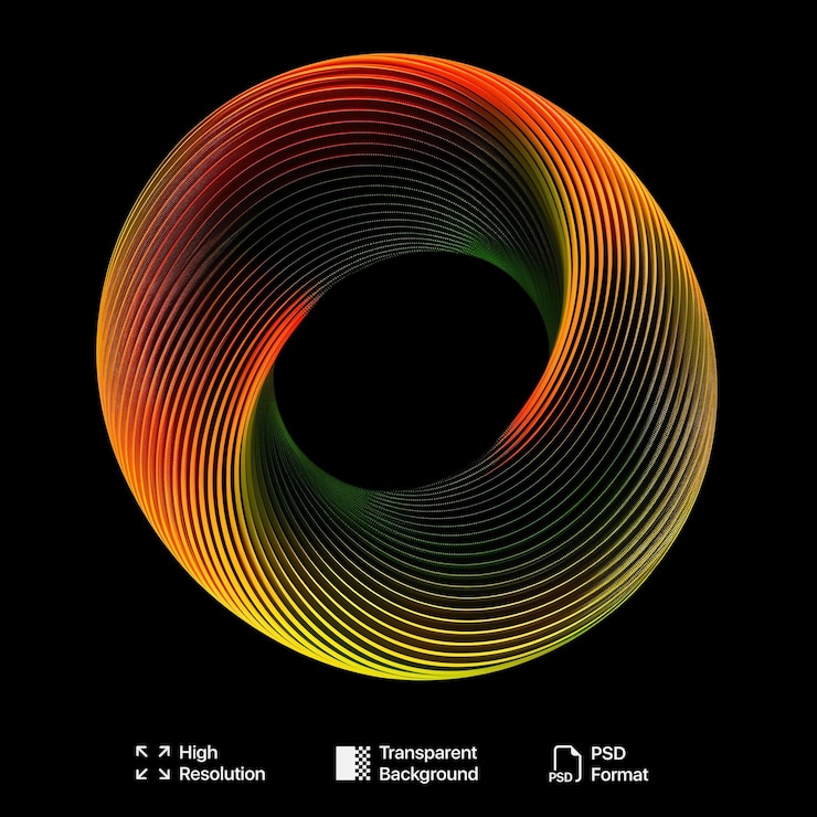 PSD forma 3d di toroide a gradiente rosso e giallo su disegno a spirale a sfondo trasparente
