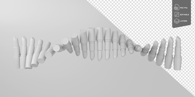 Forma de ADN de fila de lápiz labial en blanco aislada sobre fondo blanco Ilustración 3d simulada