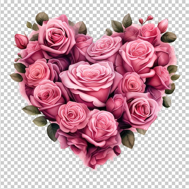 Forma de corazón hecha de flores rosadas en un fondo transparente