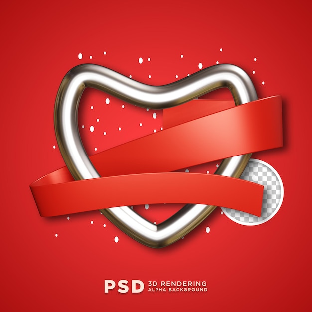PSD forma de coração de prata com fita vermelha design 3d fundo transparente isolado psd