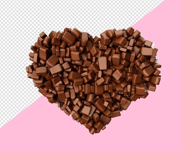 Forma de coração feita de pedaços de chocolate pedaços de chocolate ilustração 3d isolada