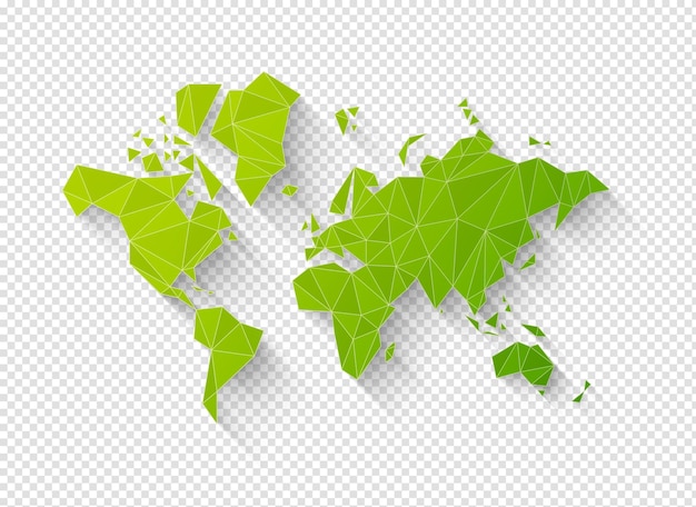 Forma de mapa do mundo verde feita de ilustração 3D de polígonos em um fundo transparente